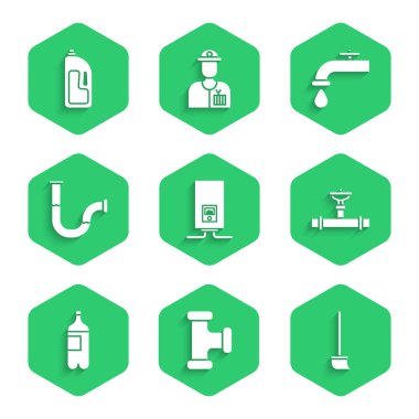 Gaz kazanını yanan bir ateşe, endüstriyel metalik boruya, paspasa ve vanaya, bir şişe suya, musluğa ve konteynır temizleyici ikonuna ayarlayın. Vektör