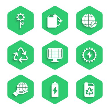Güneş enerjisi paneli, Batarya, Eko yakıt tüpü, Dünya 'yı tutan el, Geri Dönüşüm sembolü, yaprak ve Yaprak bitkisi dişli ikonu. Vektör