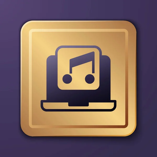 紫色の背景に隔離された画面アイコン上の音楽ノート記号と紫のノートパソコン 金の四角形のボタン ベクトル — ストックベクタ
