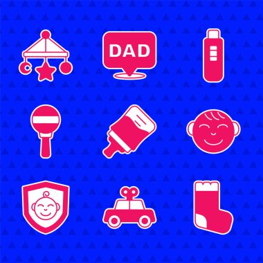 Bebek şişesi, oyuncak araba, çoraplar, küçük çocuk kafası, kalkan, oyuncak bebek çıngırağı, hamilelik testi ve oyuncak asılı ikon. Vektör