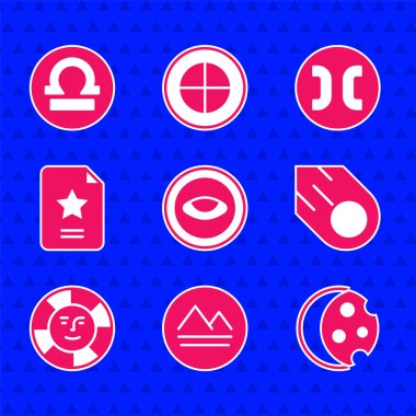 Göz, Dünya elementi, Güneş tutulması, Kuyrukluyıldız, Güneş, Yıldız takımyıldızı zodiac, Balık burcu ve Terazi simgesi ile Madalyon 'u ayarla. Vektör