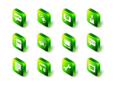 Cep telefonu, telefon, 24 saat destek, çalışanlar, farklı dillerde merhaba, posta ve e-posta, dizüstü bilgisayar, İngiliz anahtarı ve kulaklık simgesi. Vektör