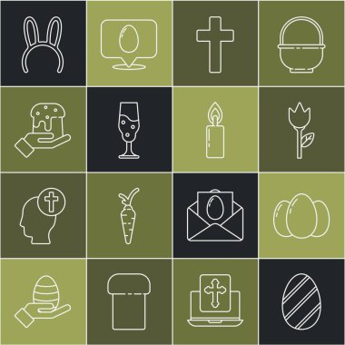 Paskalya yumurtası, yumurta, çiçek lalesi, Hıristiyan haçı, şarap kadehi, insan eli ve paskalya pastası, uzun tavşan kulaklı maske ve yanan mum ikonu. Vektör