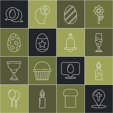 Hristiyan haçı, yanan mum, şarap bardağı, paskalya yumurtası, paskalya balonlu paskalya ve zil ikonlu harita işaretleyicisi. Vektör