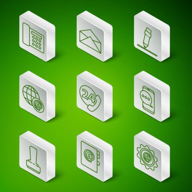 Posta ve e-posta hattı, adres defteri, telefon, 24 saat destek, Dünya küresiyle Zarf, Pul ve Sohbet mesaj bildirim simgesi. Vektör