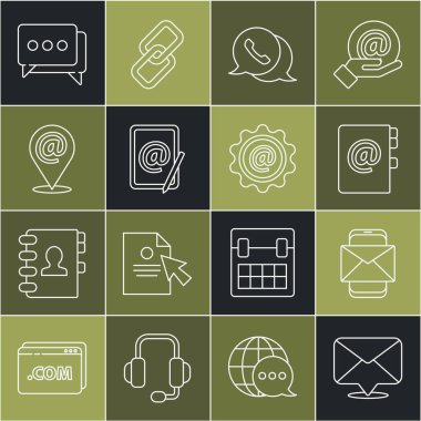 Satır Zarfı, Cep Telefonu ve Zarfı, Adres Defteri, Konuşma Balonu Sohbeti ile Telefon, Posta E-postası, Konum, Konuşma ve Simge. Vektör