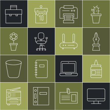 Hat monitör ekranı, yapıştırıcı, dolmakalem ucu, yazıcı, ofis koltuğu, saksı, evrak çantası ve yönlendirici ve wi-fi sinyal simgesini ayarla. Vektör