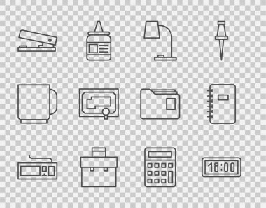 Satır klavyesi, dijital alarm saati, masa lambası, evrak çantası, ofis zımbası, sertifika şablonu, hesap makinesi ve Spiral defter simgesi. Vektör