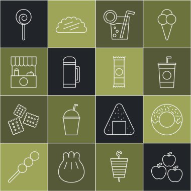 Apple, Donut, kamış kaplı kağıt bardak, kokteyl, termos kabı, tezgah tentesi, lolipop ve çikolata ikonu. Vektör