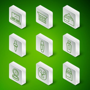 Terleme önleyici deodorant rulo yüz kozmetik maskesi aynalı makyaj tozu, Mascara fırçası, Pipette ve bir şişe şampuan ikonu. Vektör