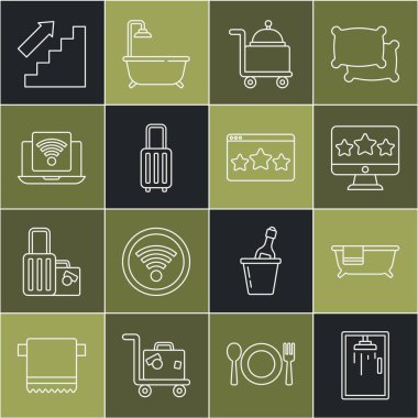 Hat hizasında duş kabini, küvet, beş yıldızlı değerlendirme tepsi, bavul, kablosuz laptop, merdivenler yukarı ve ikon ile kaplı. Vektör