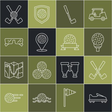 Sabit çizgi golf ayakkabısı, çapraz golf sopası, golf topu, konum sporu, gözlük ve ikon. Vektör