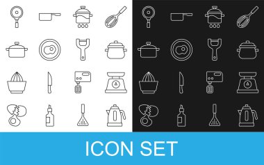 Elektrik ısıtıcısı, pullar, pişirme kabı, çırpılmış yumurta, kızartma tavası ve sebze soyacağı ikonu. Vektör