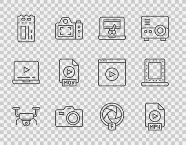 İHA uçuşunu, MP4 dosya dökümanını, video kaydedici dizüstünü, fotoğraf makinesini, sinema biletini, MOV 'u, kamera deklanşörünü ve ışık ikonlu makyaj aynasını ayarla. Vektör