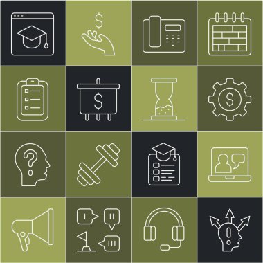 Online Proje Ekibi Üssü, Çevrimiçi Eğitim, Dolarlı Vites, Telefon Destek, Hedef, Planlama Listesi, ve Eski kum saati simgesi. Vektör