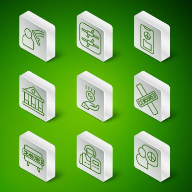 Barış görüşmeleri, polis memuru, dövülmüş insan, madeni paralar - asgari ücret, mahkeme binası, dikenli tel, sansürlenmiş mühür ve simge. Vektör