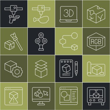 3D yazıcı, mühendislik için grafikleme kağıdı, RGB ve CMYK renk karıştırma, tarayıcı, Isometric küp, silah ve simge. Vektör