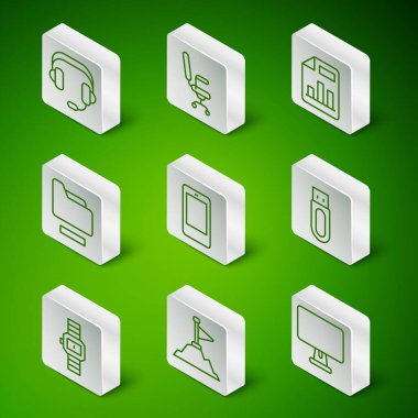 Hat bilgisayar monitörünü, bayrak kapaklı dağları, kulaklıkları, cep telefonlarını, belge klasörünü, ofis sandalyesini, bilek saatini ve USB flash disk simgesini ayarla. Vektör