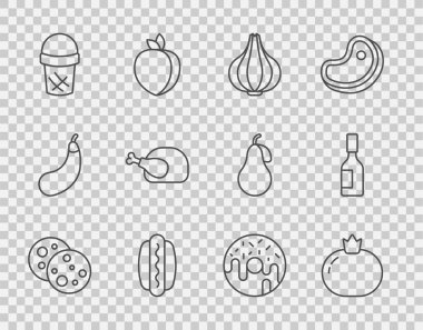 Çikolatalı, domatesli, sarımsaklı, sosisli, waffle 'lı dondurma, kızarmış hindi ya da tavuk, çörek ve acı sos ikonu. Vektör