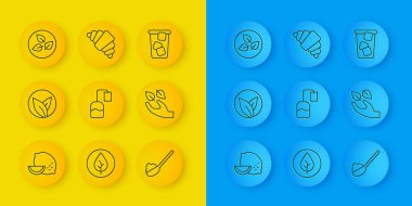 Sıra Lemon, çay yaprağı, torba, elinde şekerli kaşık, buzlu çay ve kruvasan ikonu. Vektör