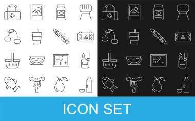 Hat termos kabı, hafif, taşınabilir video oyun konsolu, reçel kavanozu, su, kiraz, ilk yardım seti ve Fransız baget ekmek ikonu. Vektör