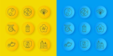 Çin çay seremonisi, Gong müzik aleti, Havai fişek, Lotus çiçeği, Yin Yang sembolü ve ikon. Vektör