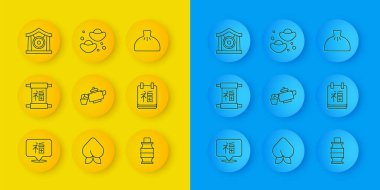 Çin Yeni Yılı, çay seremonisi, kağıt fener, Gong müzik aleti, Hamur köftesi ve fal kurabiyesi ikonu. Vektör