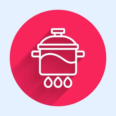 Beyaz çizgi tencere ikonu uzun gölgeli izole edilmiş. Haşlama ya da güveç besin sembolü. Kırmızı daire düğmesi. Vektör.