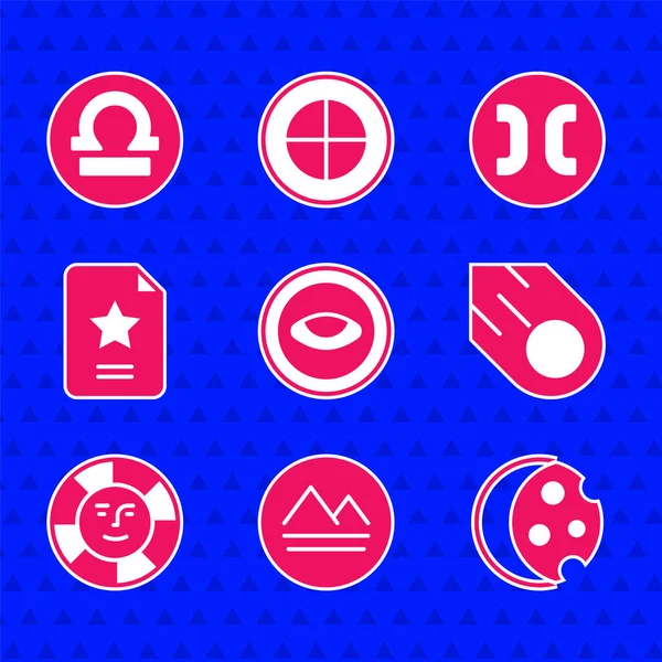 Göz, Dünya elementi, Güneş tutulması, Kuyrukluyıldız, Güneş, Yıldız takımyıldızı zodiac, Balık burcu ve Terazi simgesi ile Madalyon 'u ayarla. Vektör