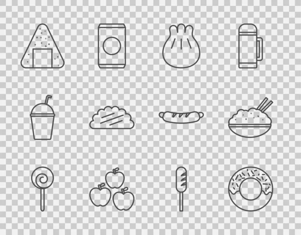 设置线棒棒糖 多努特 钦卡利切菜板 奥尼吉里 塔科与玉米饼 油炸香肠和饭碗筷子图标 — 图库矢量图片