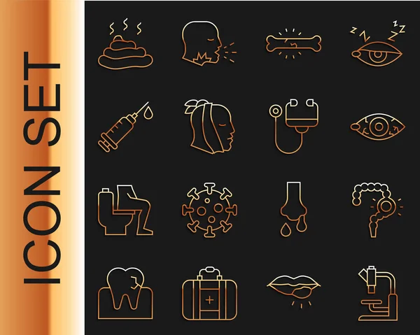 Set line Microscope, Gut constipation, Reddish eye, Bone pain, Toothache, Syringe, Shit and Stethoscope icon. Vector