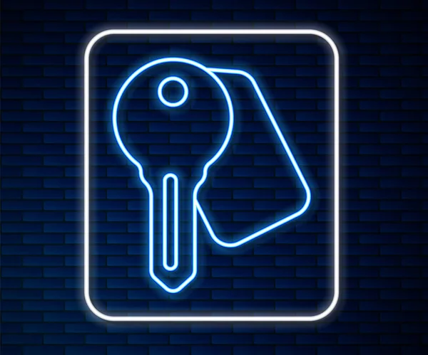 Glowing Neon Line Hotel Door Lock Key Icon Isolated Brick — Stock Vector