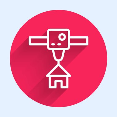 Beyaz çizgi 3D yazıcı ikonu uzun gölgeli izole edilmiş. 3D baskı. Kırmızı daire düğmesi. Vektör.