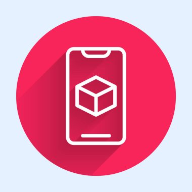 Beyaz çizgi 3D yazıcı simgesi uzun gölgeli izole edilmiş. 3D baskı. Kırmızı daire düğmesi. Vektör.