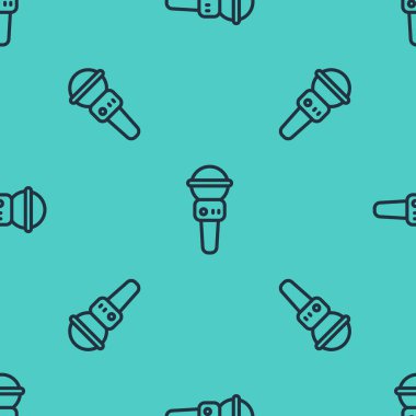 Siyah çizgi mikrofon simgesi yeşil arkaplanda pürüzsüz desen izole etti. Radyodaki mikrofondan. Sözcü işareti. Vektör.