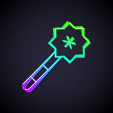 Parlayan neon hattı sihirli değnek simgesi siyah arkaplanda izole edildi. Yıldız şeklinde sihirli aksesuar. Sihirli güç. Vektör