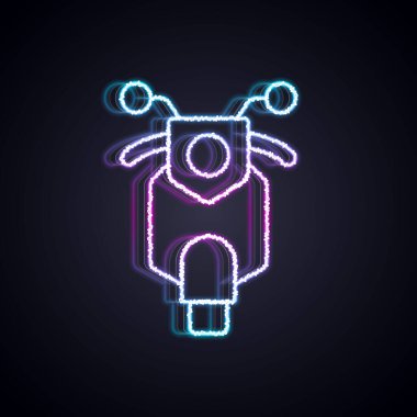 Parlayan neon çizgisi Scooter simgesi siyah arkaplanda izole edildi. Vektör
