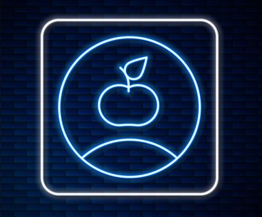 Parlayan neon hattı Apple simgesi tuğla duvar arka planında izole edildi. Fazla kilolu. Sağlıklı diyet menüsü. Fitness diyeti elması. Vektör