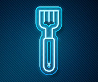 Parlayan neon hattı Fork simgesi mavi arkaplanda izole edildi. Çatal bıçak sembolü. Vektör