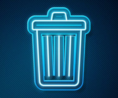 Parlayan neon hattı Çöp kutusu simgesi mavi arkaplanda izole edildi. Çöp kutusu tabelası. Sepet simgesini geri dönüştür. Ofis çöpü ikonu. Vektör