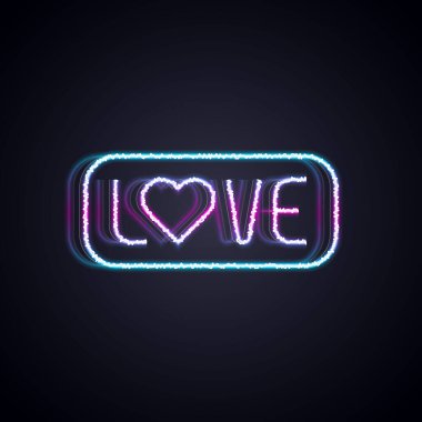 Glowing neon line Love text icon isolated on black background. Valentines day greeting card template.  Vector