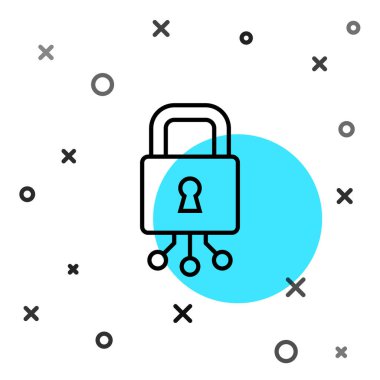 Siyah çizgi siber güvenlik simgesi beyaz arka planda izole edildi. Dijital devre kartında kapalı asma kilit. Güvenlik kavramı. Dijital veri koruması. Rastgele dinamik şekiller. Vektör