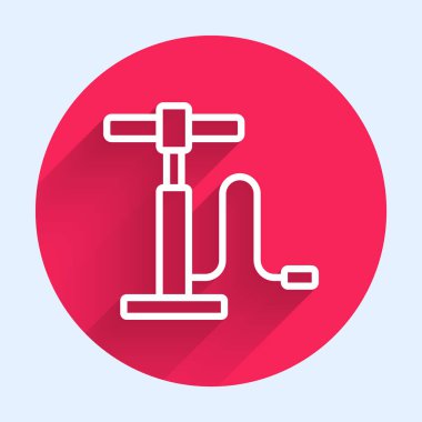 Beyaz çizgi araba hava pompası ikonu uzun gölge arkaplan izole. Kırmızı daire düğmesi. Vektör