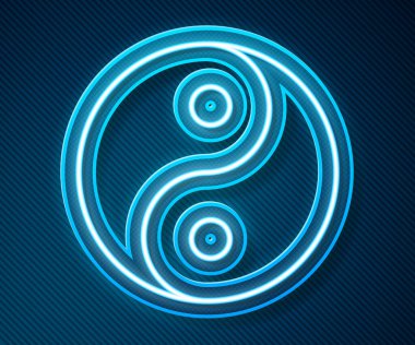 Parlak neon çizgisi mavi arkaplanda izole edilmiş uyum ve denge simgesi Yin Yang. Vektör
