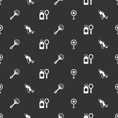 Çıngıraklı bebek oyuncağı, oyuncak uçak ve sabun köpüğü şişesini pürüzsüz bir şablona ayarla. Vektör