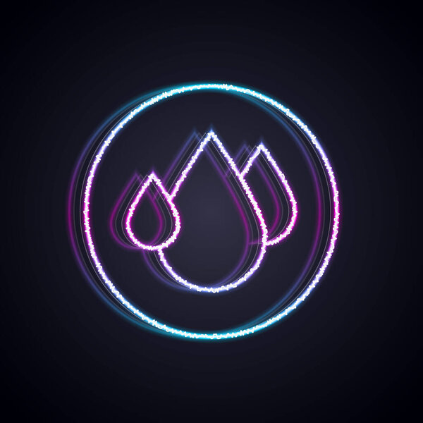 Glowing neon line Water drop icon isolated on black background.  Vector
