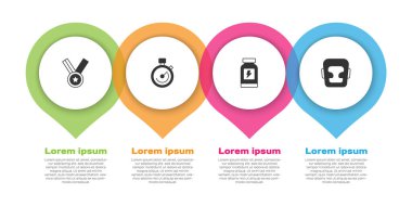 Madalya, Kronometre, Enerji içeceği ve boks kaskı. Ticari bilgi şablonu. Vektör