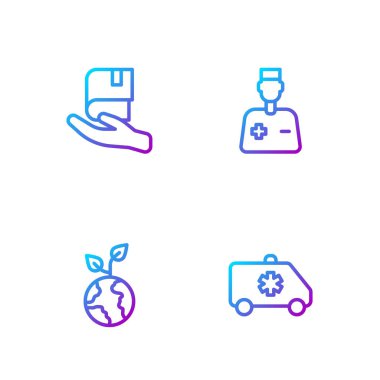 Acil durum arabası, gönüllü ekip ağaç dikme, kitap bağışı ve erkek doktor. Renk simgeleri. Vektör