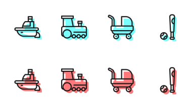 Sırayı bozmayın Bebek puseti, oyuncak tekne, tren ve top ikonlu beysbol sopası. Vektör