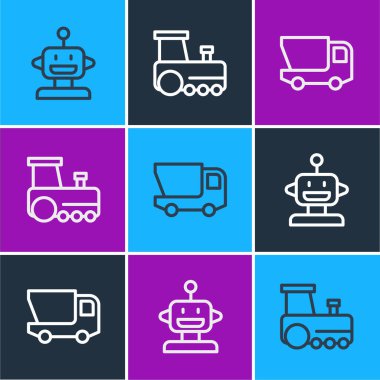 Robot oyuncağı, oyuncak kamyonu ve tren ikonu ayarlayın. Vektör